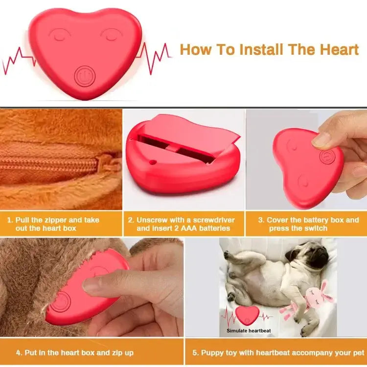 Instructions for installing the ZZAH-05X heartbeat toy for dogs, featuring step-by-step images and tips.