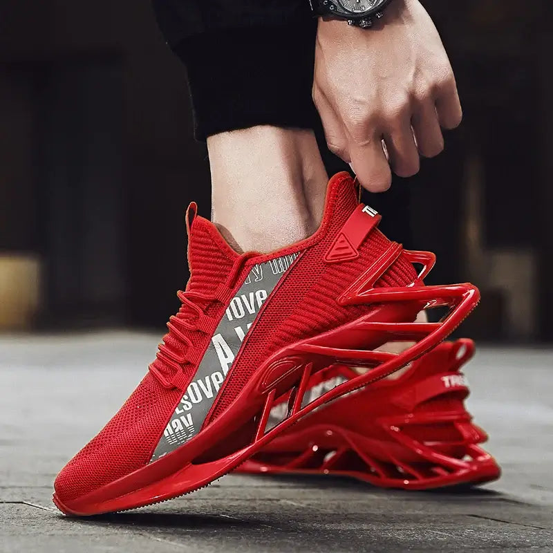 Red breathable men's sneakers with unique design and stylish detailing, perfect for casual wear and running.