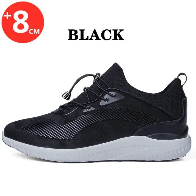 Men's black breathable elevator shoes with 8CM height increase for casual and sport wear, featuring elastic closure.