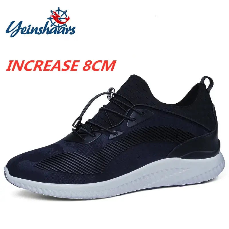 Men's breathable sneakers with 8CM height increase, featuring elastic closure and mesh upper for casual sport wear.