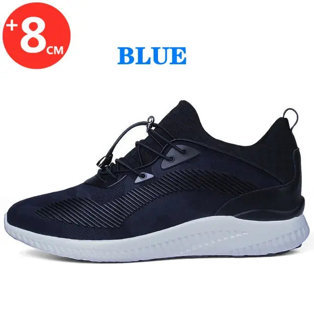 Breathable blue elevator shoes for men, featuring 8cm height increase and casual sporty design.