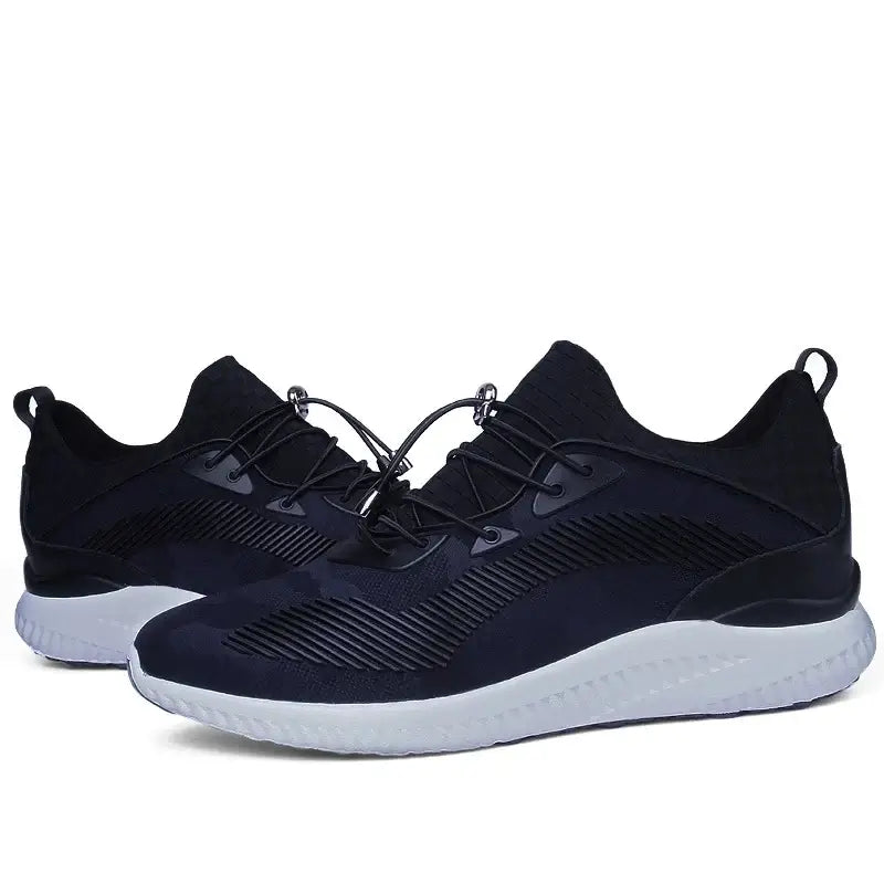 Breathable black sneaker shoes for men, featuring height-increasing design and elastic closure, perfect for casual wear.