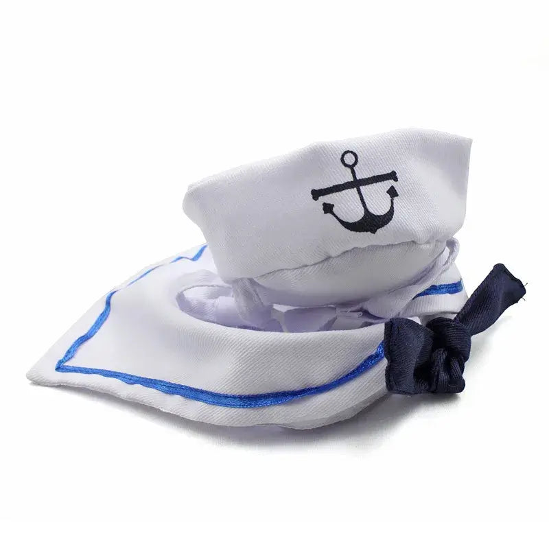 Navy sailor hat and neckerchief set for pets, perfect costume accessory for Halloween or cosplay.