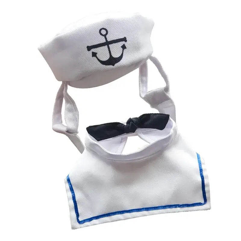 Navy sailor costume set for pets, including a sailor hat and jacket with bowtie, ideal for Halloween or cosplay.