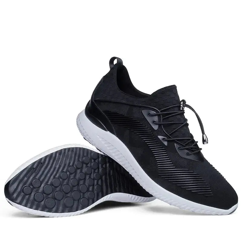 Breathable black elevator shoes for men with elastic laces and cushioned EVA insole, perfect for casual sport.