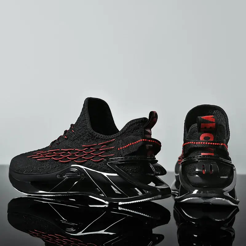 Stylish black and red men's casual sneakers with breathable design and unique sole, perfect for running and everyday wear.