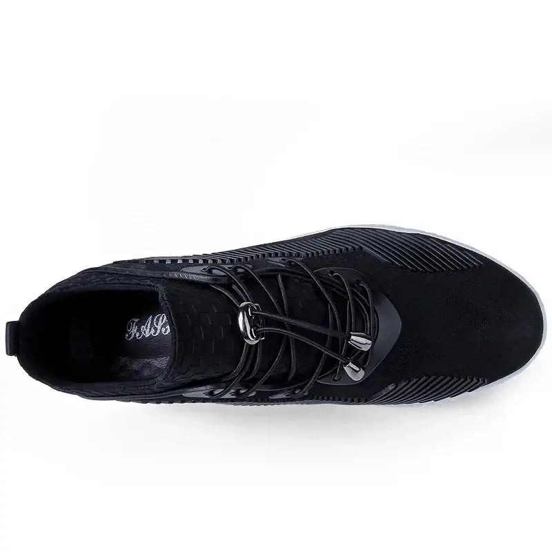 Top view of breathable black elevator shoes for men, featuring mesh upper and lace closure.