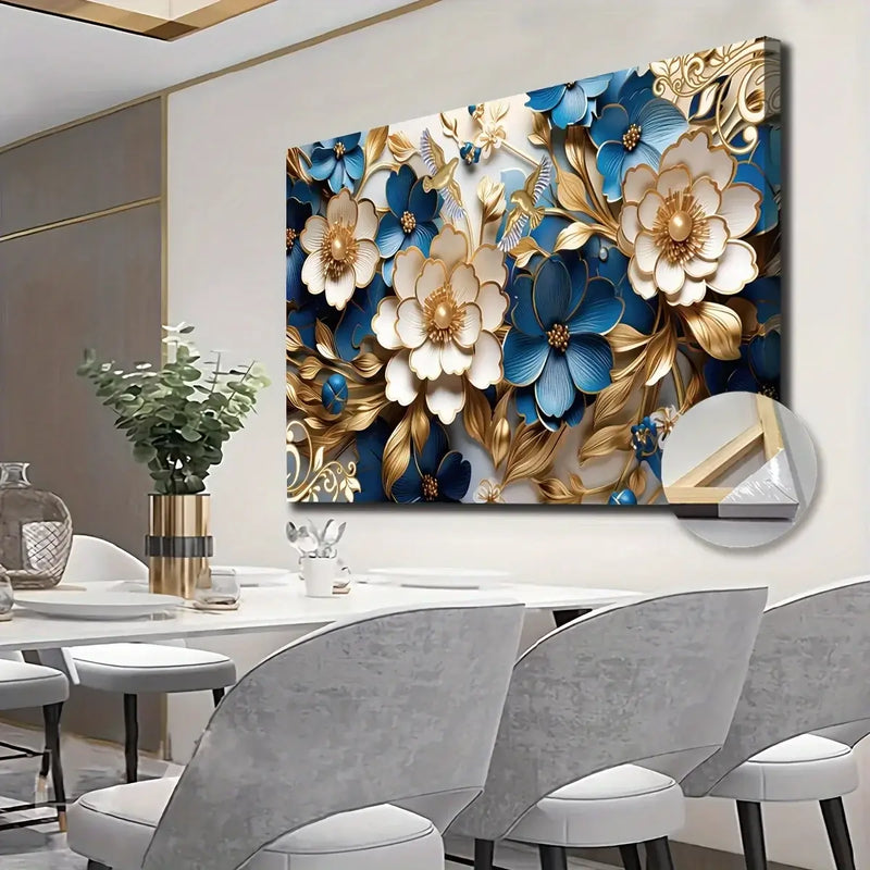 Canvas wall art featuring a floral design in blue and gold, perfect for kitchen or dining room decor.