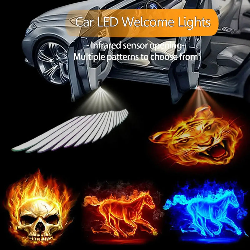 Car LED welcome lights with patterns including tiger, skull, and horse, activated by infrared sensors.