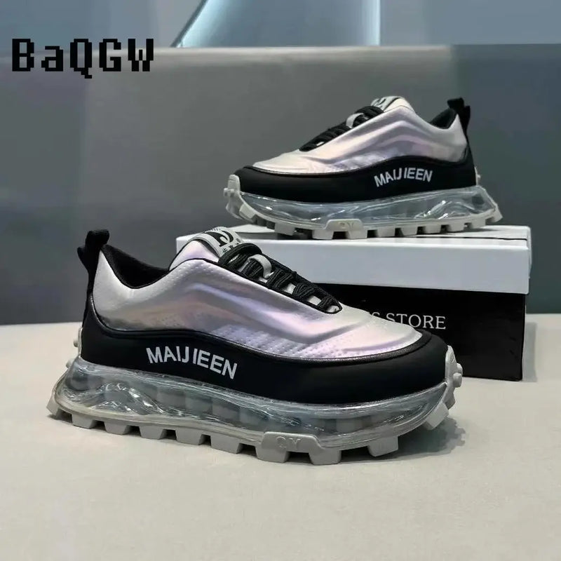 BAQGW high-quality men's lace-up chunky sneakers, breathable mesh and rubber sole, stylish color block design.