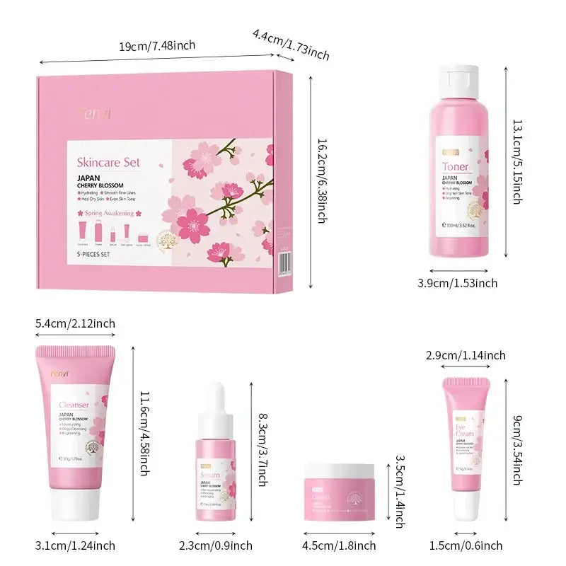 LAIKOU Sakura Facial Products Kit Skin Care Facial Cleanser Face Cream Eye Cream Serum Essence Toner 5pcs Set