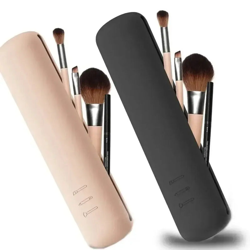 Travel silicone makeup brush holder with brushes, available in beige and black, portable and waterproof cosmetics case.