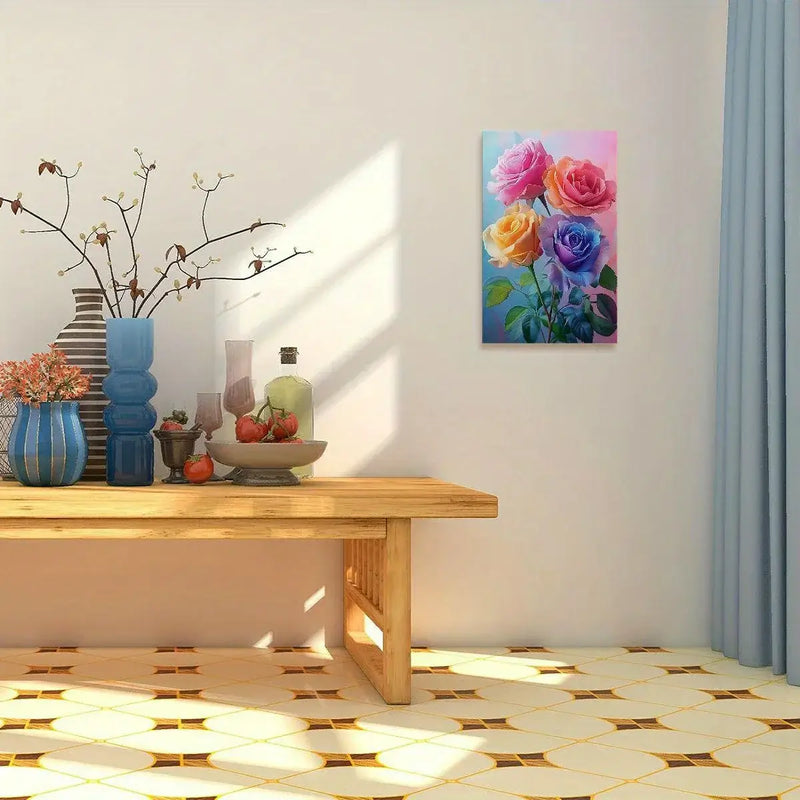 Colorful canvas painting of roses enhancing a modern living room decor on a sunny day.