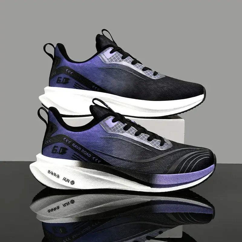 Men's breathable lightweight marathon running shoes in black and purple with carbon plate design.