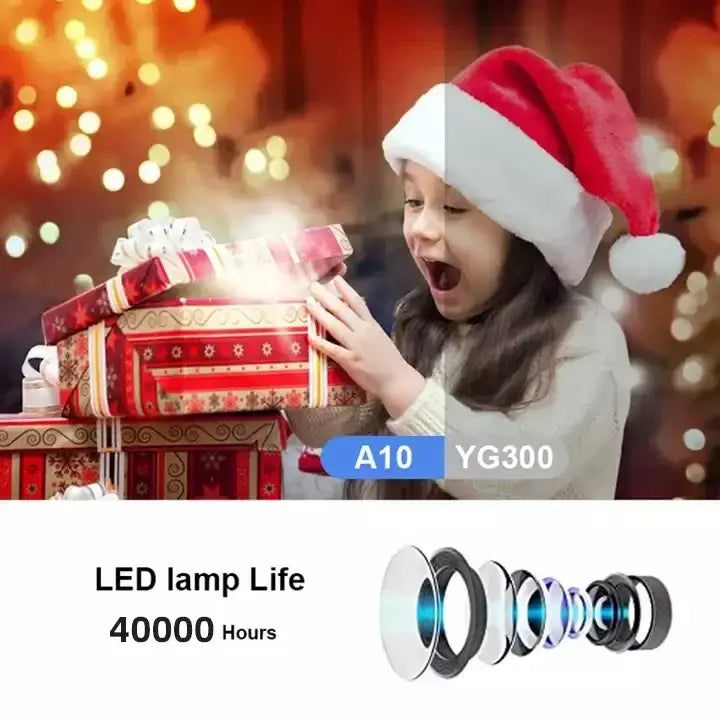 Excited child in a Santa hat amazed by projector gifts, showcasing LED lamp life of 40,000 hours.