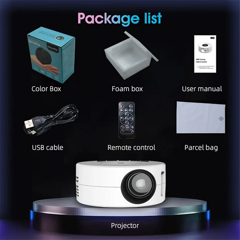 Package list for YT200 Mini Projector including projector, remote, USB cable, foam box, user manual, and color box.