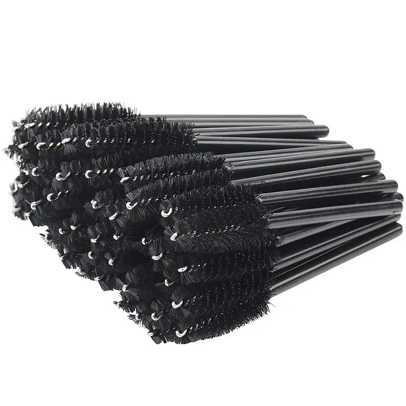 50 disposable mini eyelash brushes in black for makeup application and lash extensions.