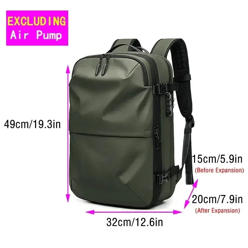 Men's waterproof casual backpack for travel, featuring expandable storage and sleek design; dimensions shown.