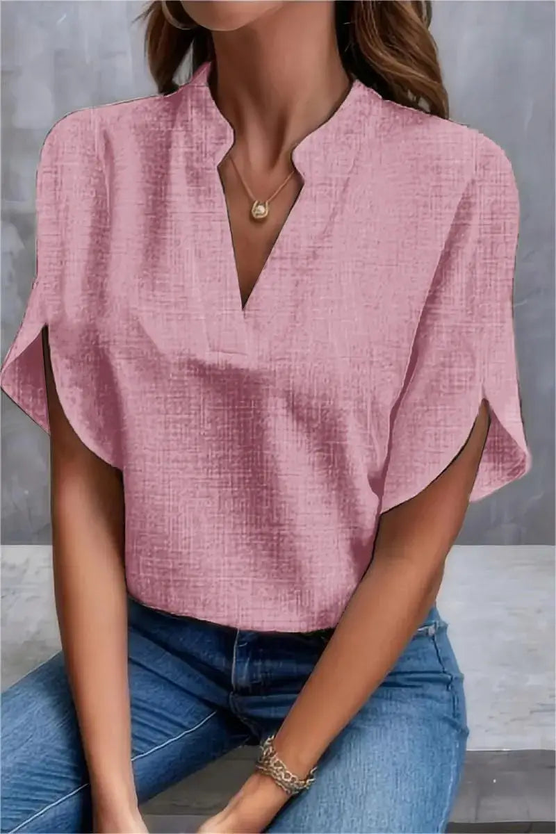 Casual pink V-neck blouse for women, perfect for summer office wear, made of cotton linen fabric.