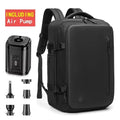 Men's black casual backpack with air pump, waterproof design, and expandable storage for travel and 17in laptop.