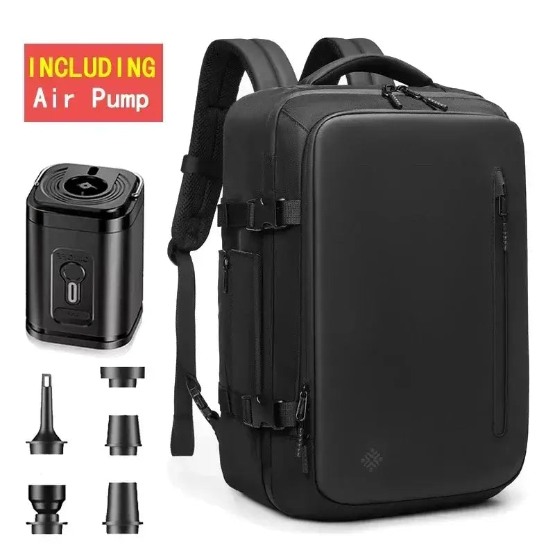 Men's black casual backpack with air pump, waterproof design, and expandable storage for travel and 17in laptop.