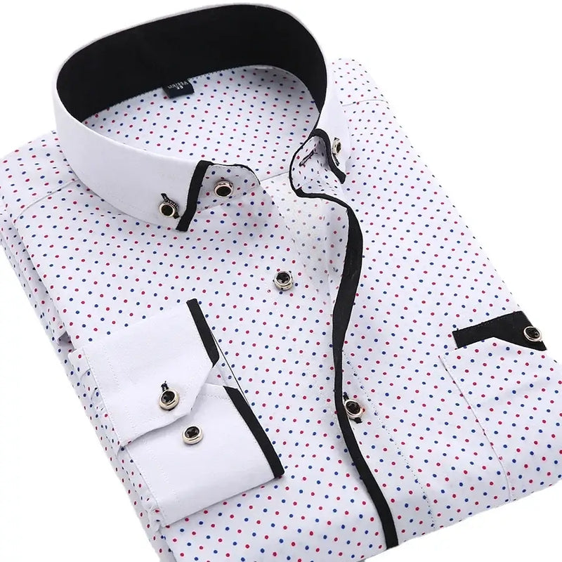 Stylish men's floral button-down shirt in white with red and blue dots, featuring long sleeves and a slim fit design.