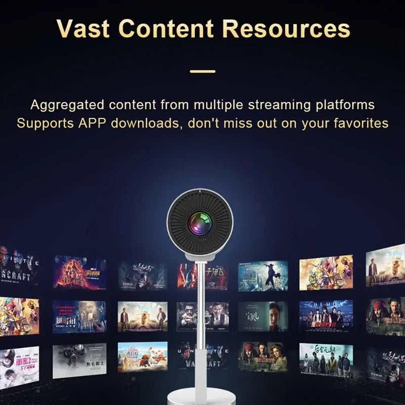 Yinzam TS03 projector showcasing vast content resources from multiple streaming platforms and app support.