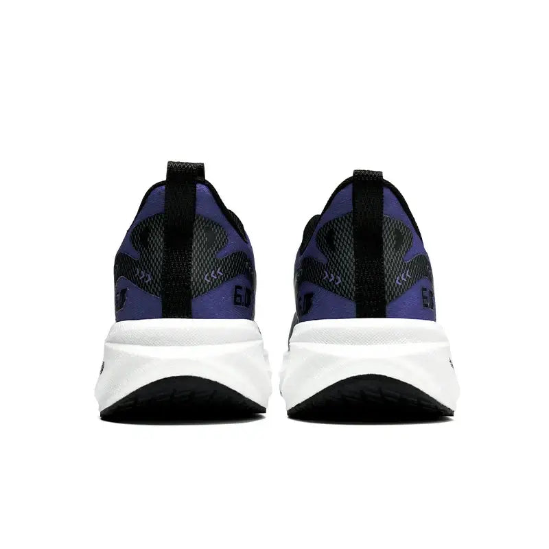 Rear view of BEAJIU men's breathable lightweight carbon plate running shoes in purple and black.