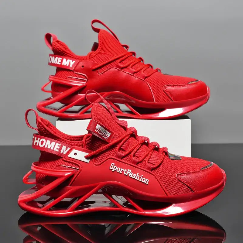 Red sporty men's sneakers with breathable mesh, sleek design, and stylish details for casual and athletic wear.