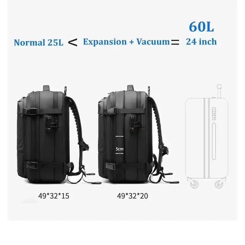 Men's backpack showing size comparison: normal 25L vs. expanded 60L with vacuum compression in black.