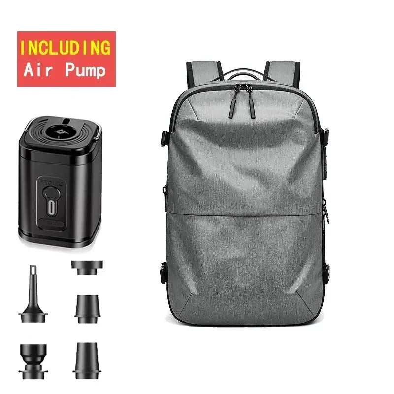 Men's casual backpack for travel with included air pump, in grey, featuring water-resistant material and expandable storage.