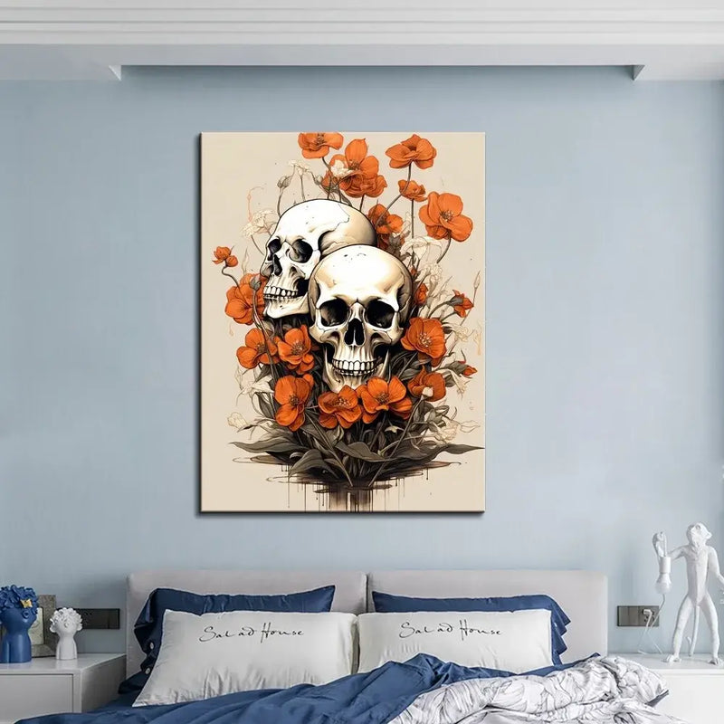 1.5 inch solid wood frame with scary skulls and flowers, perfect for bedroom home decor and unique aesthetic.