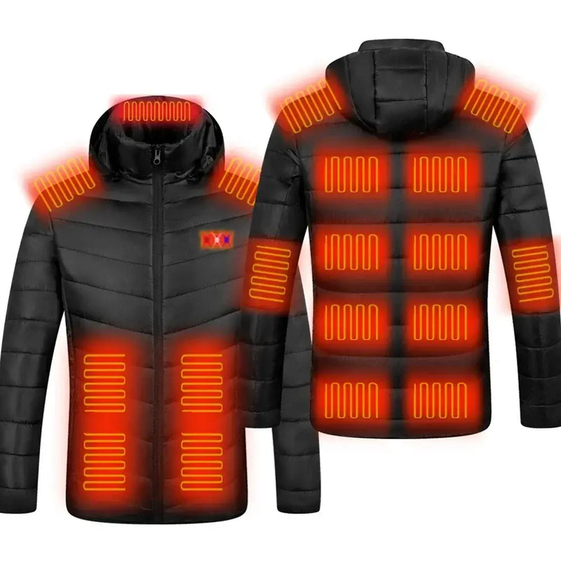 Unisex electric heating jacket with visible heating zones, designed for outdoor activities like camping, fishing, and skiing.