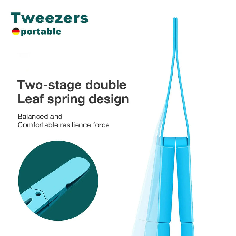 Blue portable tweezers with two-stage double leaf spring design, offering balanced and comfortable resilience for precision use.