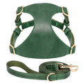 Green PU leather dog harness and matching 5ft leash set for small to medium dogs, soft and adjustable design.