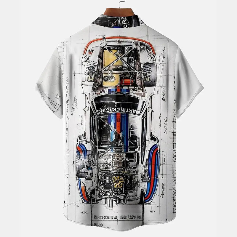 Men's summer Hawaiian shirt featuring a 3D printed car graphic design, perfect for casual daily wear.