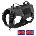 Tactical military dog harness in black nylon with handle, suitable for medium and large dogs.