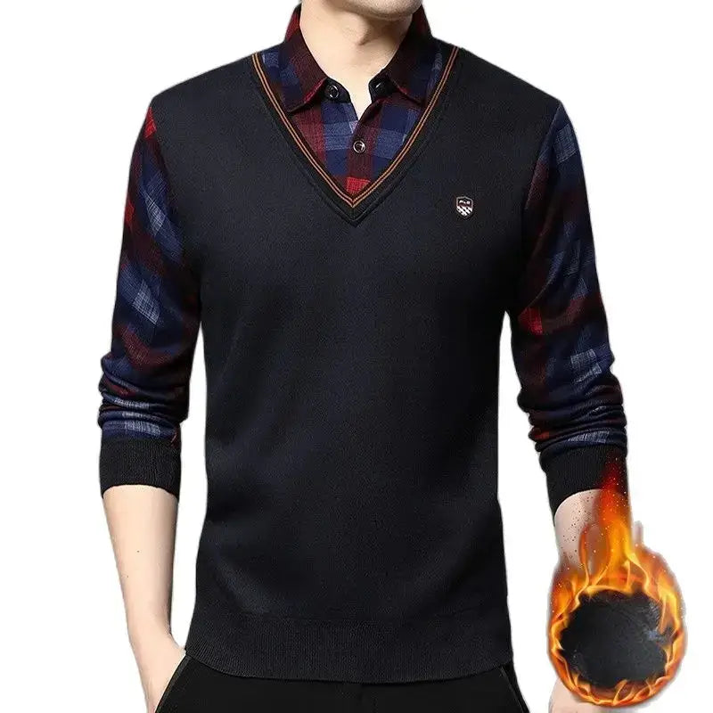 SHiONFA Men's Long Sleeve Sweater with V-Neck, Faux Two-Piece Design, Casual Autumn Winter Wear