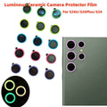 Samsung Galaxy S24 Ultra camera lens protector set featuring luminous ceramic design in multiple colors.