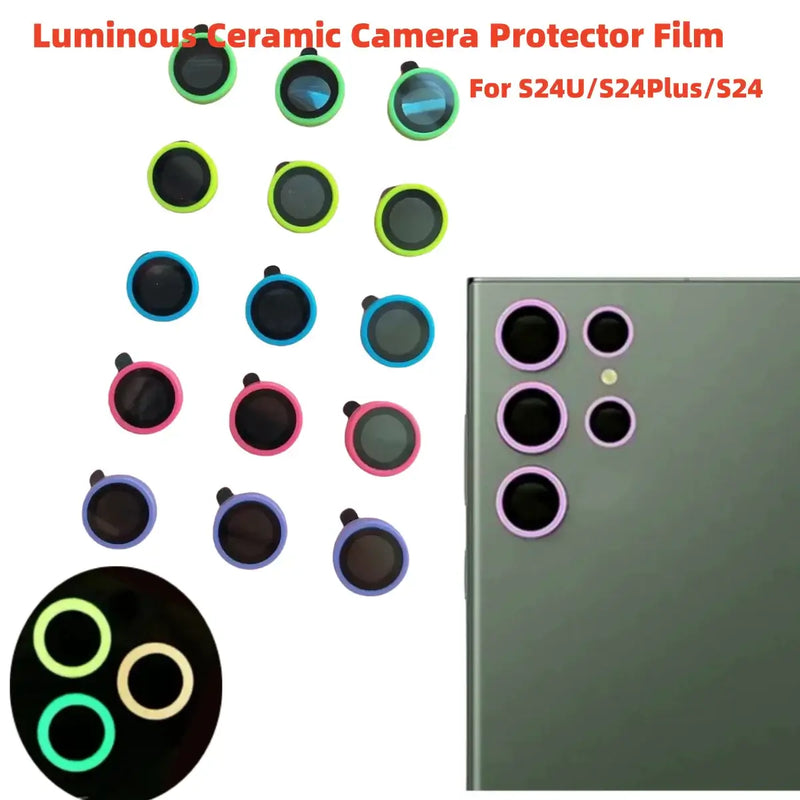 Samsung Galaxy S24 Ultra camera lens protector set featuring luminous ceramic design in multiple colors.