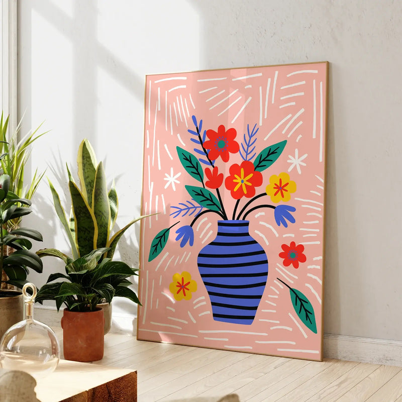 Modern art print of a blue vase with colorful flowers on a pink background, perfect for living room decor.