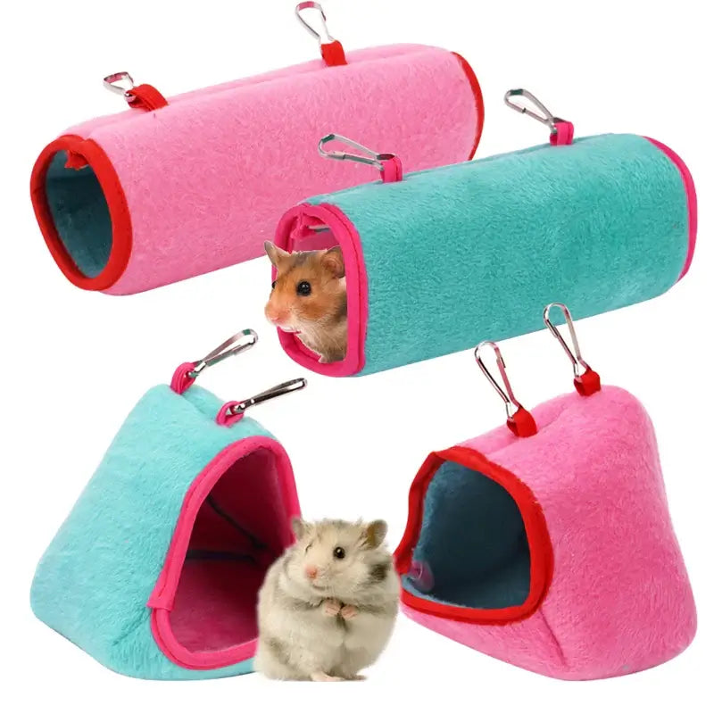 Colorful plush hamster nests in pink and blue, perfect for small pets seeking warmth and comfort.