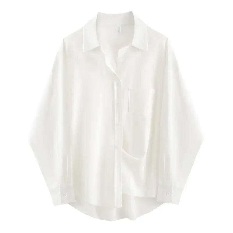 Zadily minimalist chic oversized white blouse for women, long sleeve button-up tunic, loose fit, perfect for spring.