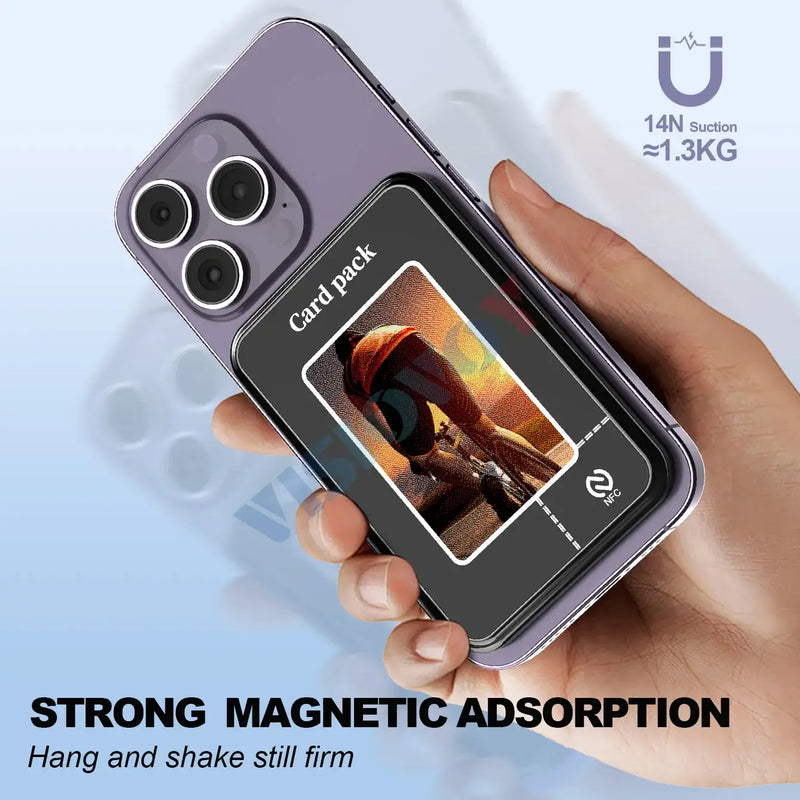 Magnetic card holder wallet case for iPhone demonstrating strong magnetic adsorption with card pack.