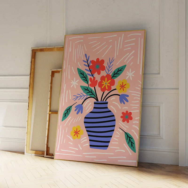 Modern canvas art featuring a vase with vibrant flowers on a pink background, perfect for living room decor.