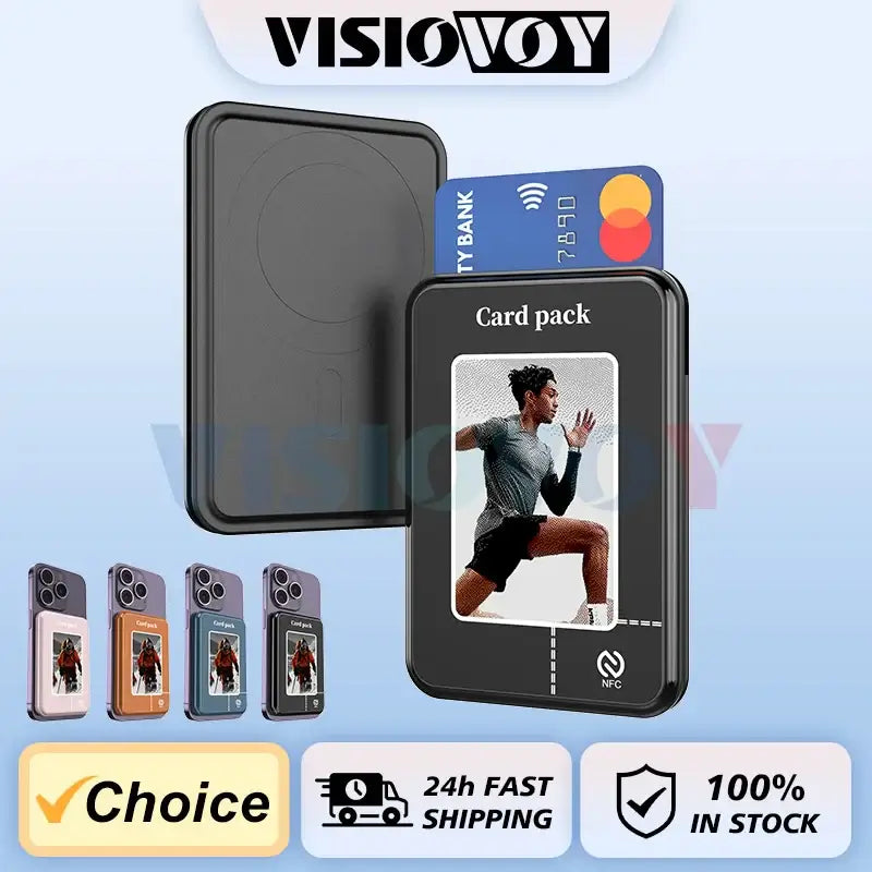 VISIOVOY Magnetic Card Holder Wallet Case for iPhone, featuring NFC, card pocket, and customizable design options.