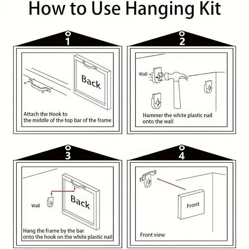 Illustration showing steps to use a wall hanging kit for frames, including hook attachment and nail placement.