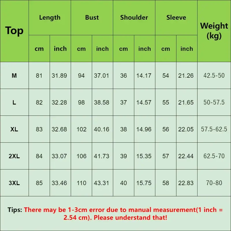 Size chart for women's tops showing measurements for M, L, XL, 2XL, and 3XL in cm and inches.