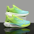 Men's breathable lightweight running shoes in blue and neon green with carbon plate for comfort and nonskid performance.