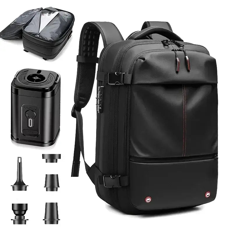 Men's fashion casual backpack with vacuum pump, expandable storage, fits 17in laptop, waterproof design, sleek black style.